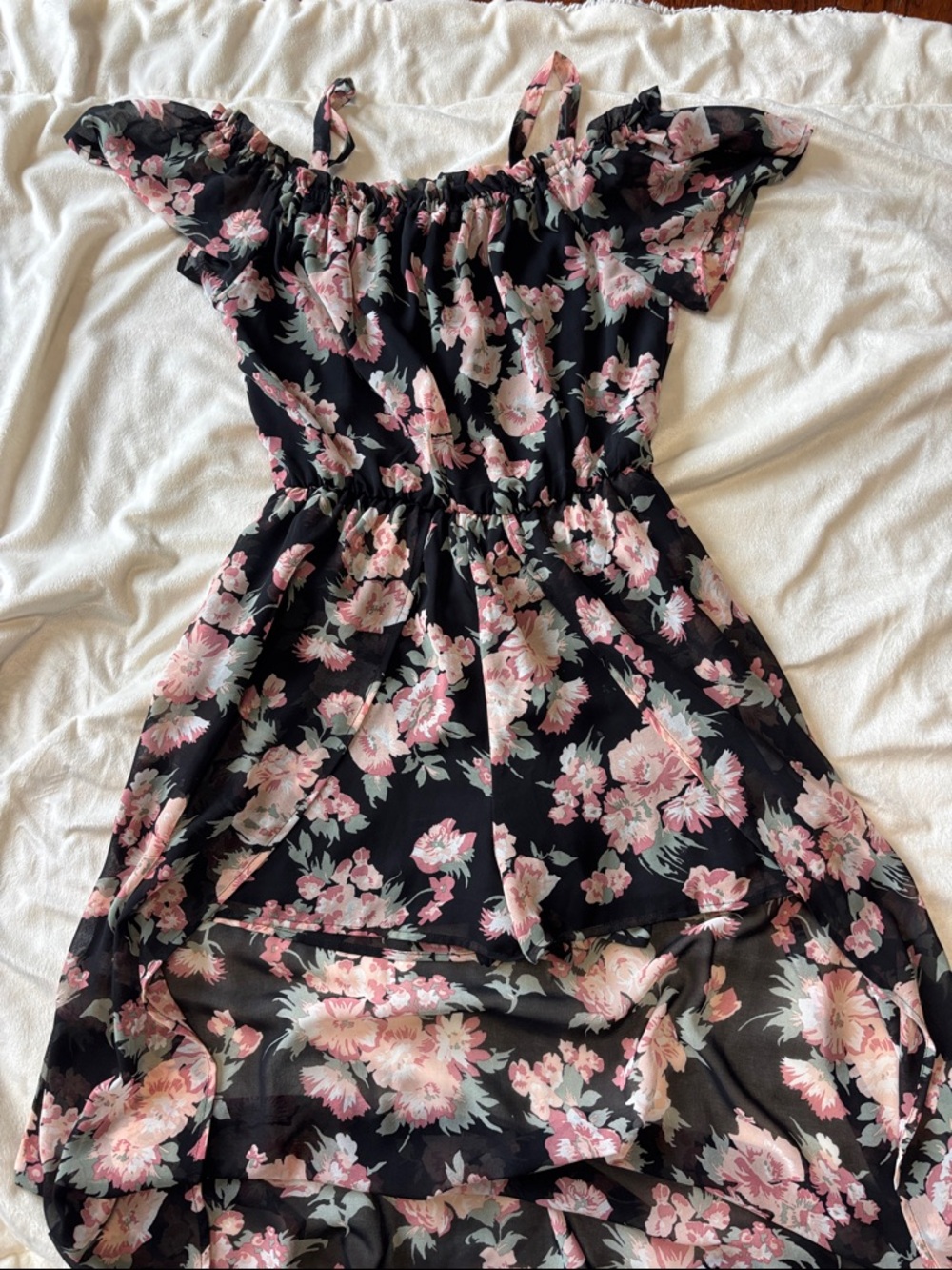 Black Floral Off-Shoulder short romper with sheer train with Pink Blossoms